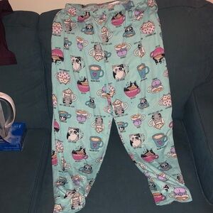 Secret Treasures Kids Pajama Bottoms - Teal with Cat and Cup Print
